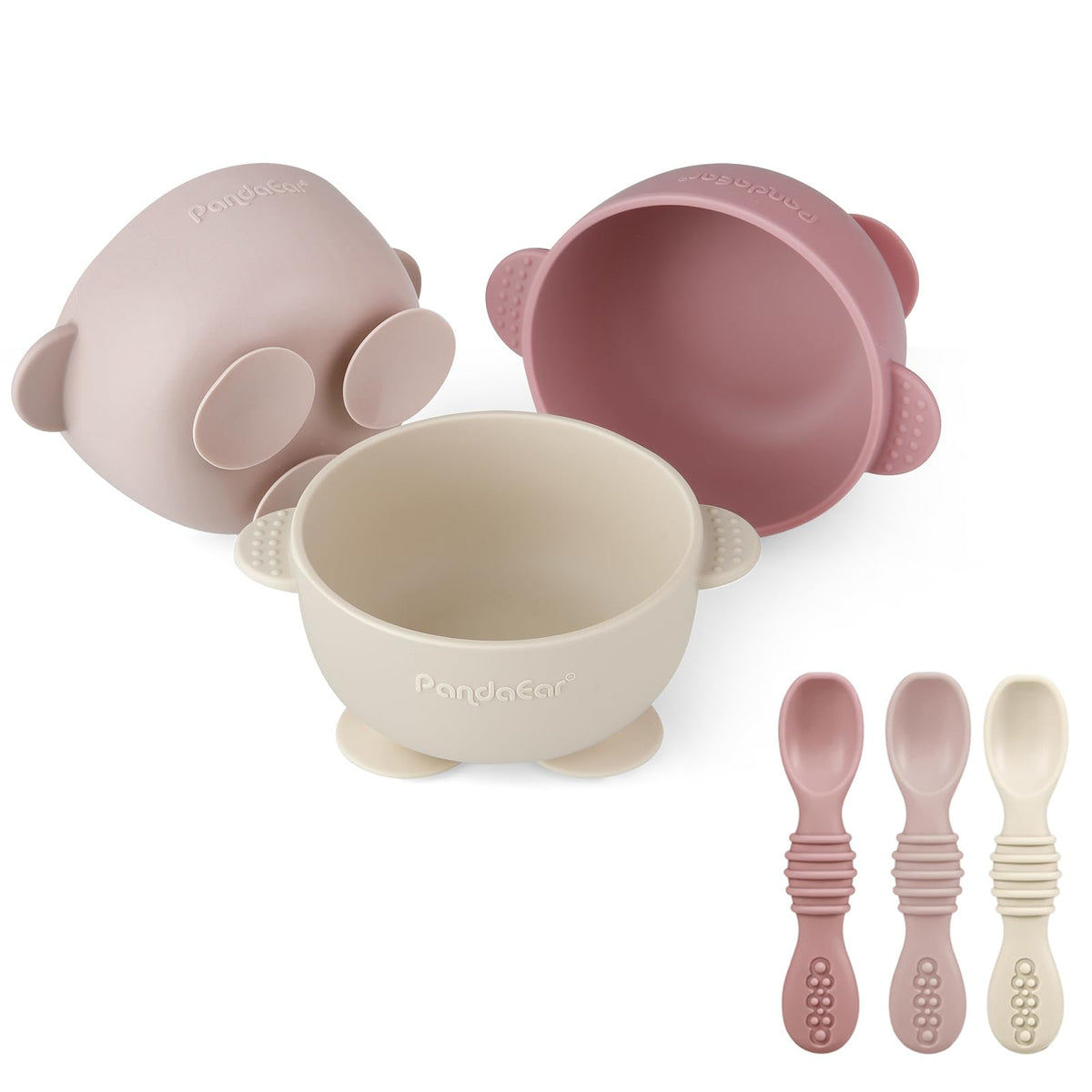 PandaEar 3 Pack Silicone Suction Baby Bowls & 3 Baby Feeding Spoons