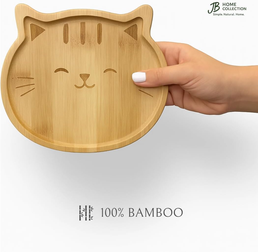 JB Home Collection 4572, Bamboo Cat Shape Food Plate for Snacks Appetizer Fruit Vegetable | Food Platter | Picnic Kitchen Party | Eco-Friendly Plates, 7"x6.5", Cat Face, 1 Pack