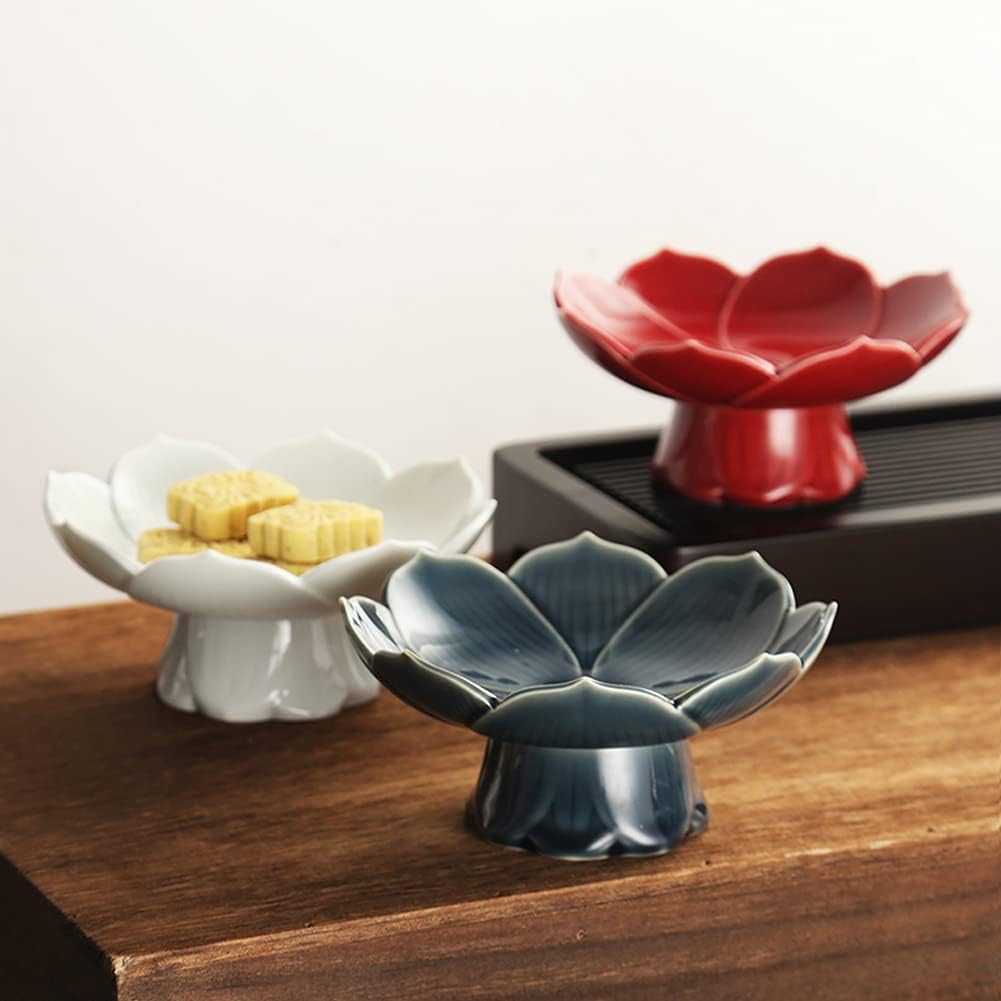 Pedestal Fruit Bowl Centerpiece, 6.3 Inch Ceramic Lotus Footed Bowl with Removable Drainage Base, Decorative Compote Serving Dish for Fruit, Bread, Snacks and Desserts, Red