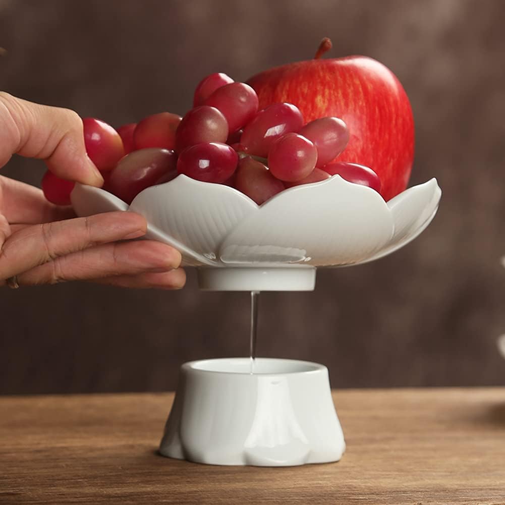 Pedestal Fruit Bowl Centerpiece, 6.3 Inch Ceramic Lotus Footed Bowl with Removable Drainage Base, Decorative Compote Serving Dish for Fruit, Bread, Snacks and Desserts, Red
