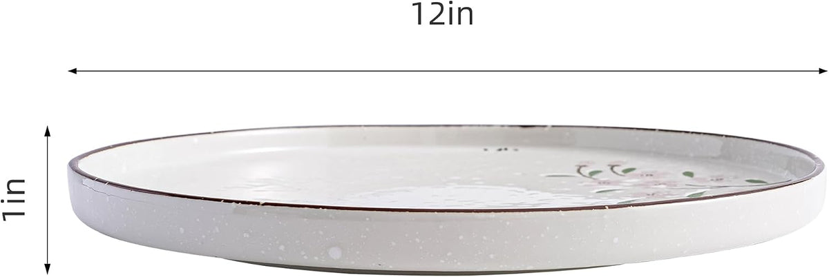 Dinner Plates Ceramic Plate Set - 12" Large Serving Plate Sets - Flat Round Big Porcelain Plates for Kitchen (4Pack, Pink Sakura)