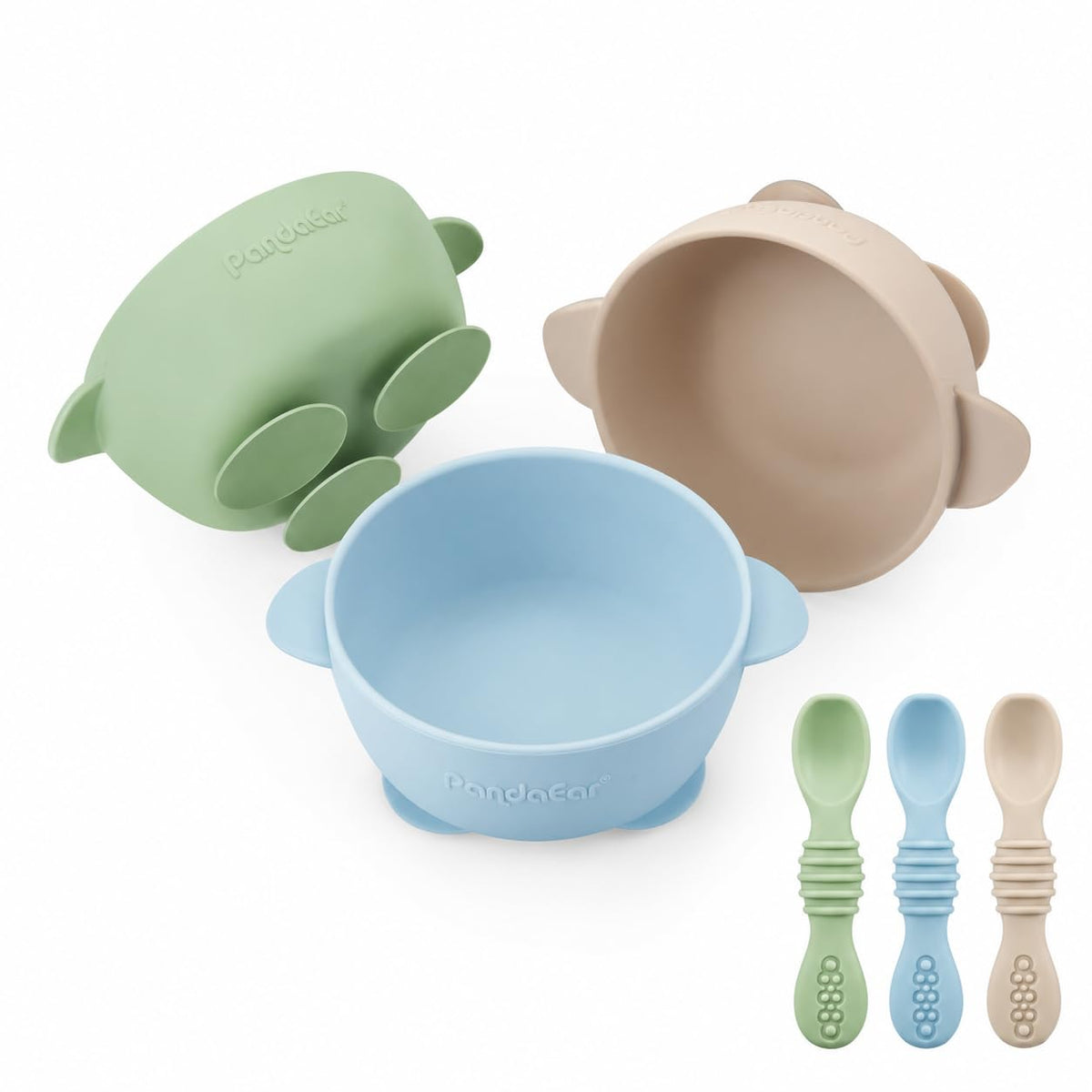 PandaEar 3 Pack Silicone Suction Baby Bowls & 3 Baby Feeding Spoons