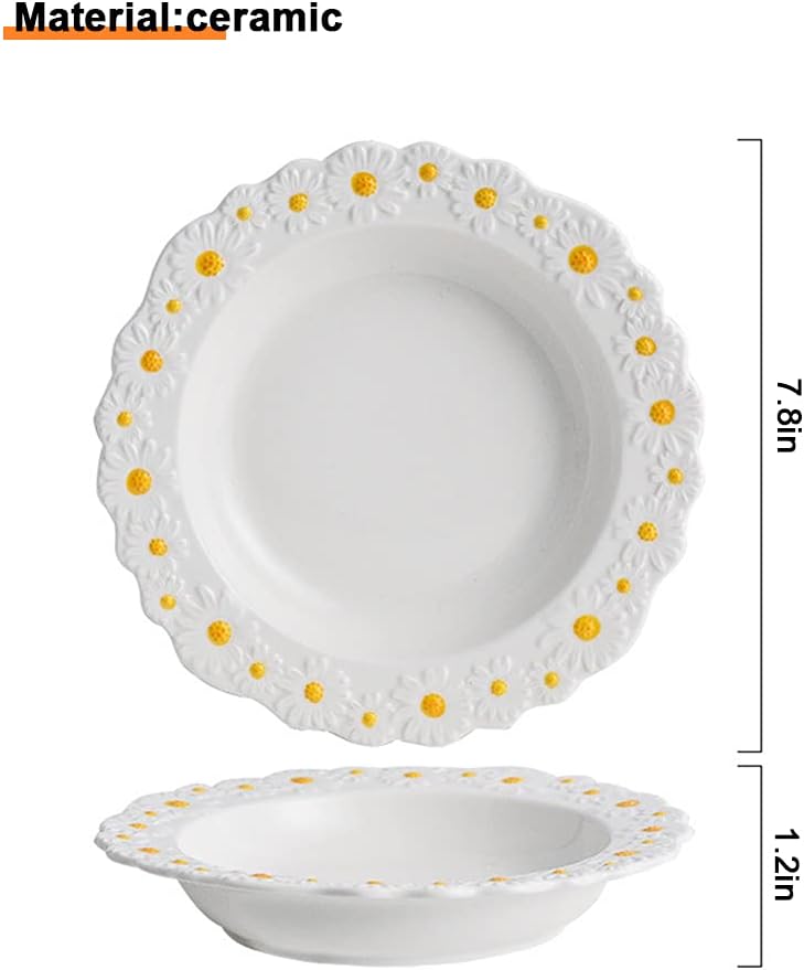 WAYUTO Ceramic Daisy Flat Plate Embossed Dessert Dish Small Daisy Edge Relief Dinnerware Steak Plate Irregular Dining Dish for Soup Crockery Kitchen Decoration Tableware Household Wedding