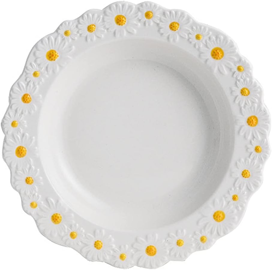 WAYUTO Ceramic Daisy Flat Plate Embossed Dessert Dish Small Daisy Edge Relief Dinnerware Steak Plate Irregular Dining Dish for Soup Crockery Kitchen Decoration Tableware Household Wedding