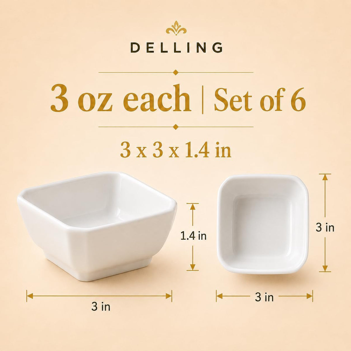 DELLING 3 Oz Ceramic Dipping Bowls Set of 6, Porcelain Soy Sauce Dish - White Dip Bowls for Charcuterie Board Cups, Small Sauce Cups for Condiment Ketchup BBQ, Dipping Sauce Cups Dishwasher Safe