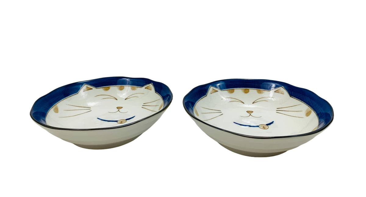 JapanBargain 2562, Japanese Porcelain Soup Bowls Shallow Bowl for Cereal Rice Salad Appetizer and Dessert, Blue Color Maneki Neko Smiling Lucky Cat Pattern, Made in Japan, 6-1/2 inch, Pack of 2