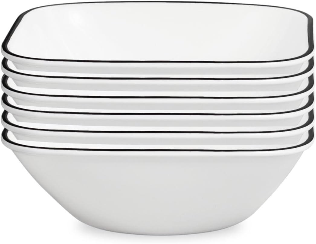 Corelle Vitrelle 6-Piece (22-Oz) Cereal Soup Bowls, Triple Layer Glass and Chip Resistant, Lightweight Square Dinnerware Bowl Set, Simple Lines