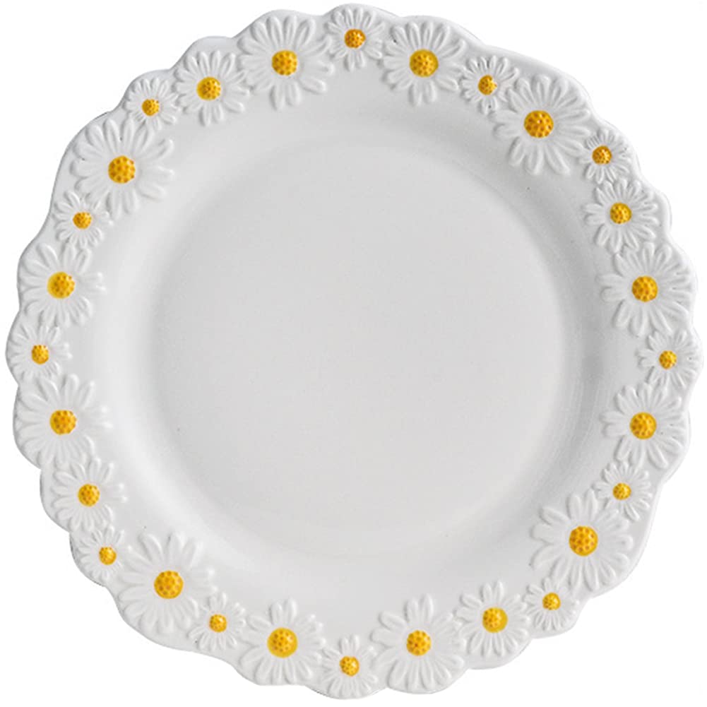 WAYUTO Ceramic Daisy Flat Plate Embossed Dessert Dish Small Daisy Edge Relief Dinnerware Steak Plate Irregular Dining Dish for Soup Crockery Kitchen Decoration Tableware Household Wedding