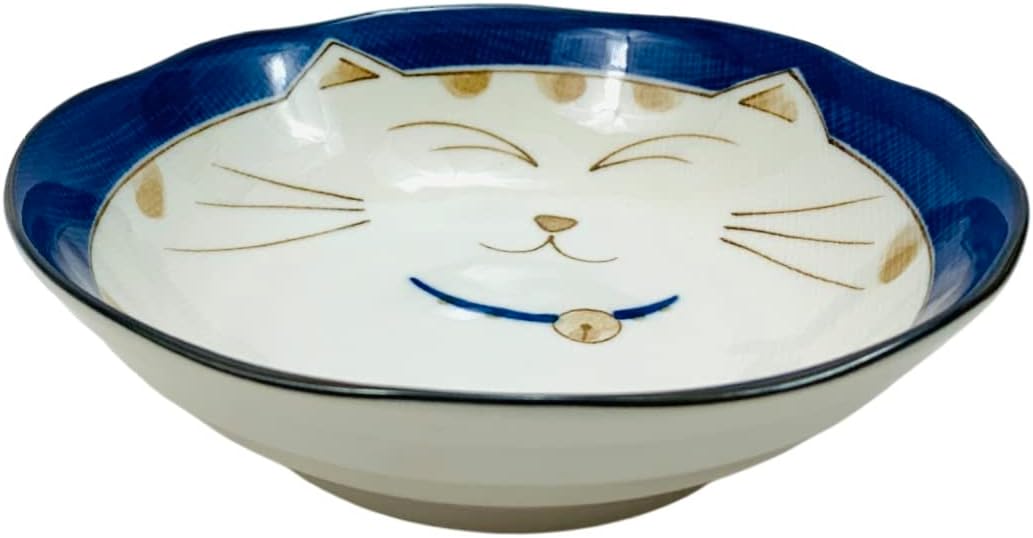 JapanBargain 2562, Japanese Porcelain Soup Bowls Shallow Bowl for Cereal Rice Salad Appetizer and Dessert, Blue Color Maneki Neko Smiling Lucky Cat Pattern, Made in Japan, 6-1/2 inch, Pack of 2