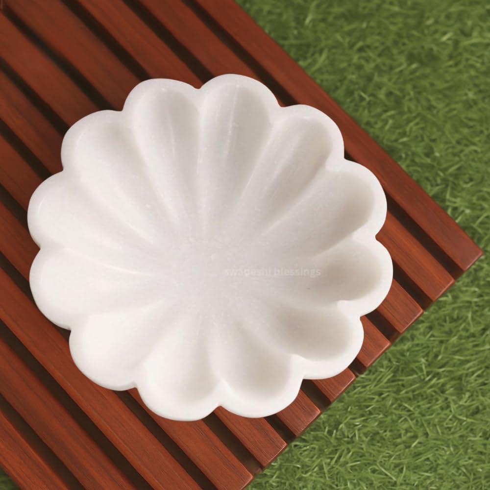 SWADESHI BLESSINGS HandCrafted Marble Scalloped Bowl for Home Decor, 7"