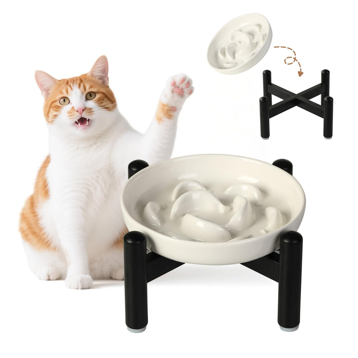 Ceramic Slow Feeder Cat Bowl, 6.3'' Wide Whisker Friendly Cat Puzzle Feeder