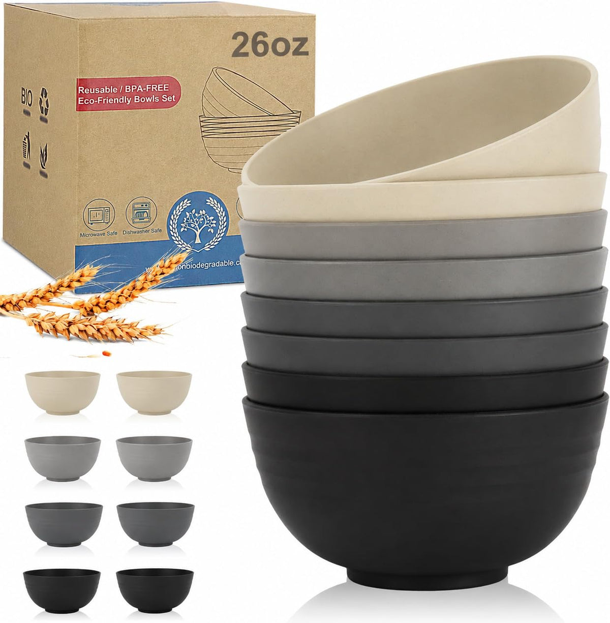 Wrova Wheat Straw Bowls Set 60 OZ Unbreakable Large Cereal Bowls Set of 6 Microwave and Dishwasher Safe Bowls Big Bowls for Camping and Picnic BPA Free Soup Bowl for Serving Oatmeal and Salad. Black
