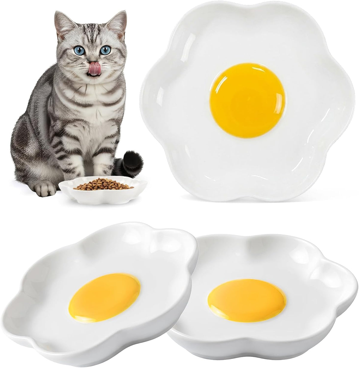 TRUVIC 3 Pack Ceramic Cat Food Bowls, 5.9 Inch Ceramic Cat Dishes Set for Indoor Cats and Small Dogs, Anti Whisker Fatigue Kitten Bowls, Wide Shallow Kitten Plates for Food and Water (Fried Egg)