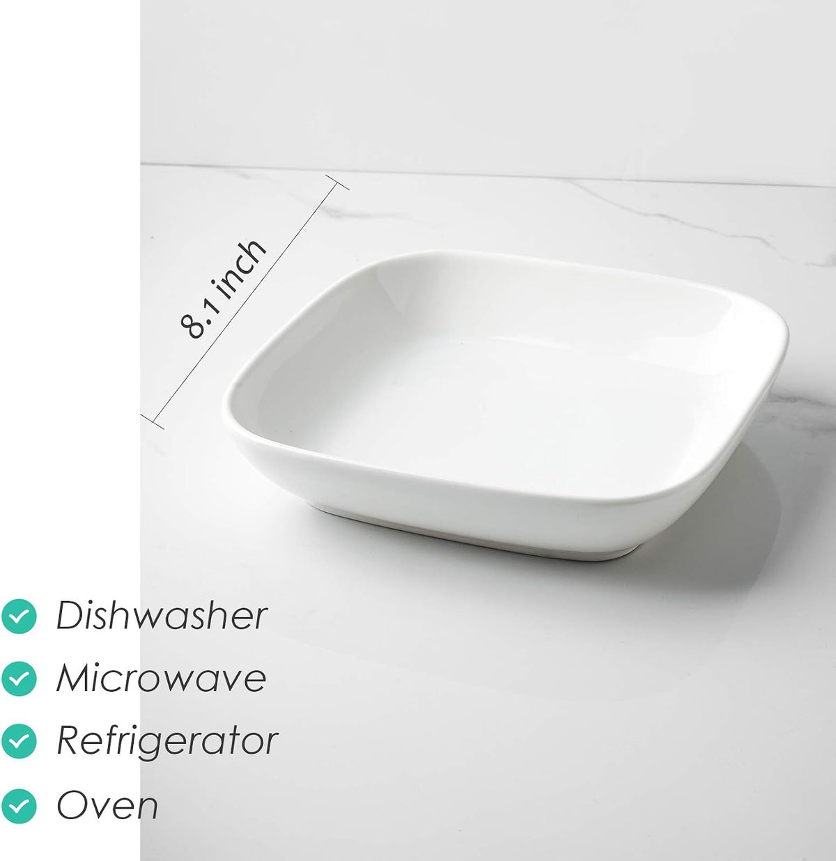 Selamica Porcelain 8-inch Square Dinner Plates, Pasta Salad Bowls, Set of 6, White