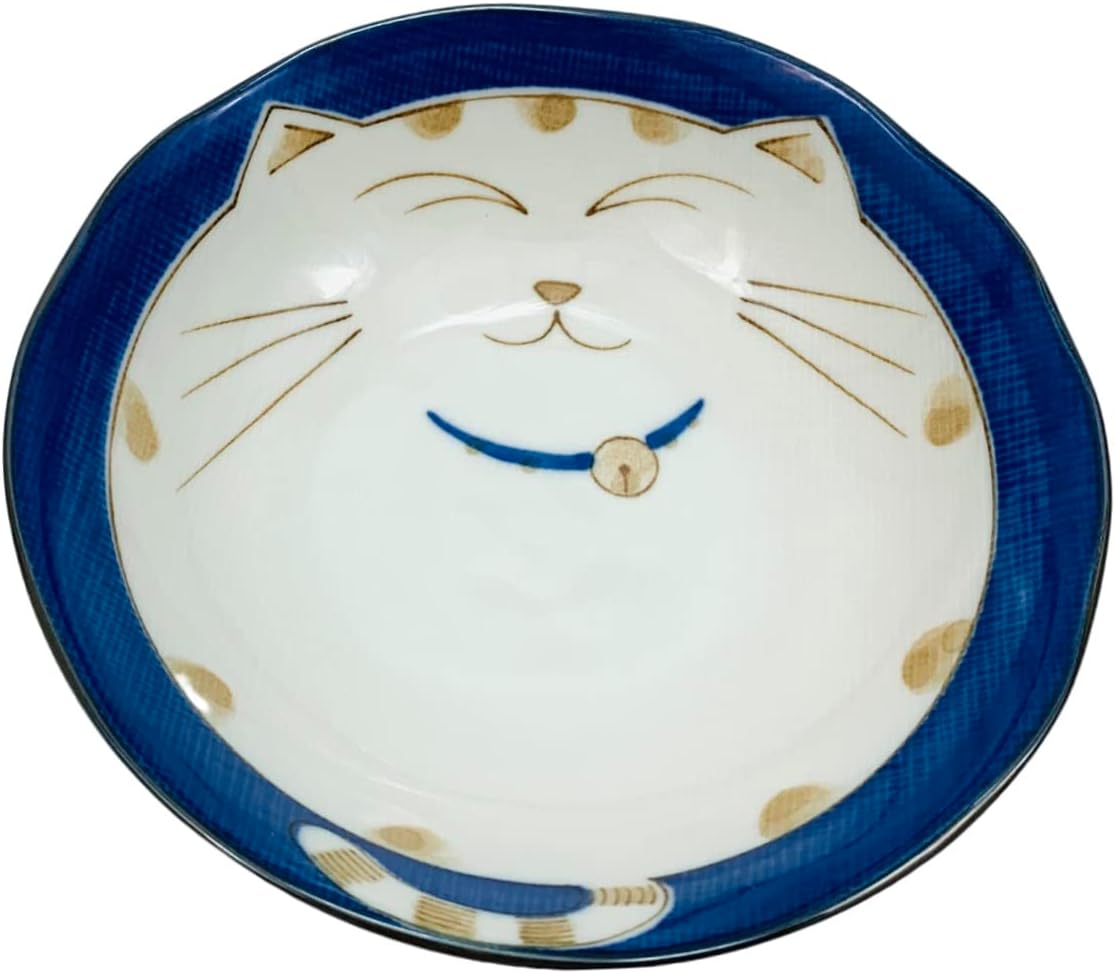 JapanBargain 2562, Japanese Porcelain Soup Bowls Shallow Bowl for Cereal Rice Salad Appetizer and Dessert, Blue Color Maneki Neko Smiling Lucky Cat Pattern, Made in Japan, 6-1/2 inch, Pack of 2