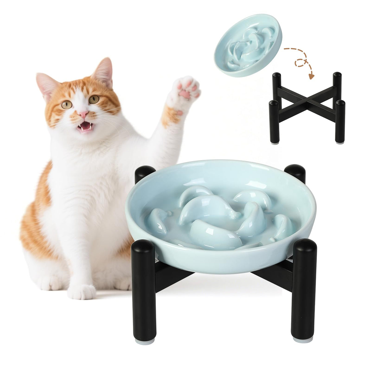 Ceramic Slow Feeder Cat Bowl, 6.3'' Wide Whisker Friendly Cat Puzzle Feeder