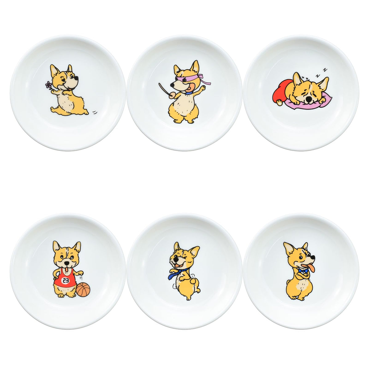 Funny Fidgety Chef Cat Pattern Ceramic Sauce Dishes, Seasoning Dishes, Sushi Soy Dipping Bowls, Appetizer Plates, Dessert Plates, Bird Feeding Bowls, Set of 6 - 5 Inch
