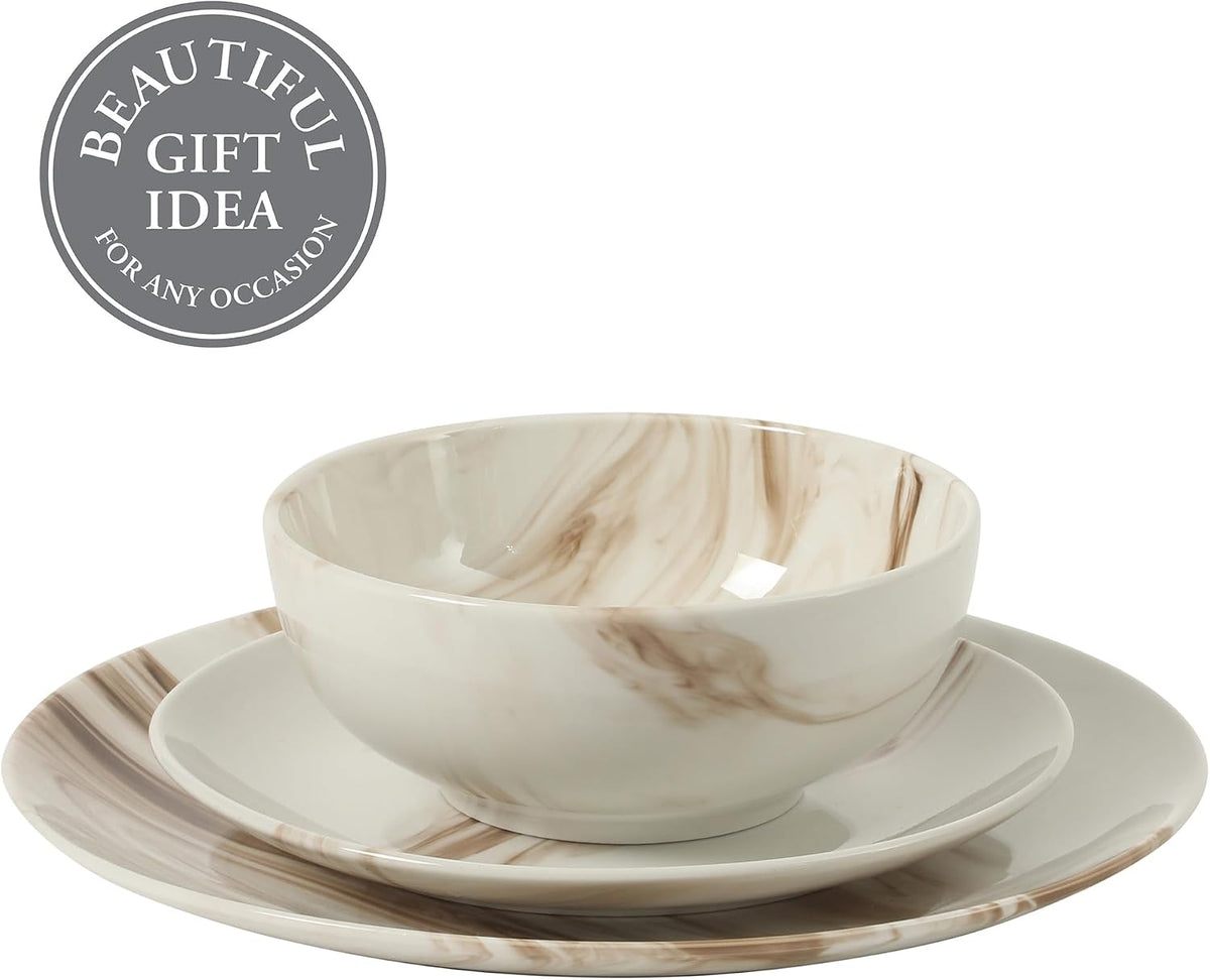 Gibson Home Cloudlight 12 Piece Plates and Bowls Dishes Brown and White - Decorated Porcelain Ceramic Dinnerware Set - Service for 4