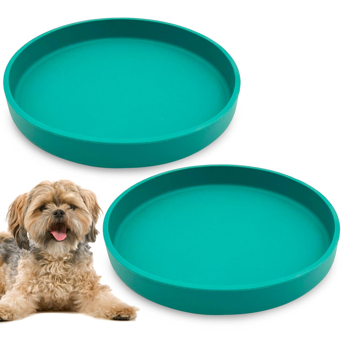 Silicone Cat Food Bowl Shallow Dishes 5.9in Wide Cats Bowls Set of 2 Kitty Plates Relief Whisker Fatigue Puppy Feeding Bowl for Dry Food and Wet Food Indoor (Round Green)