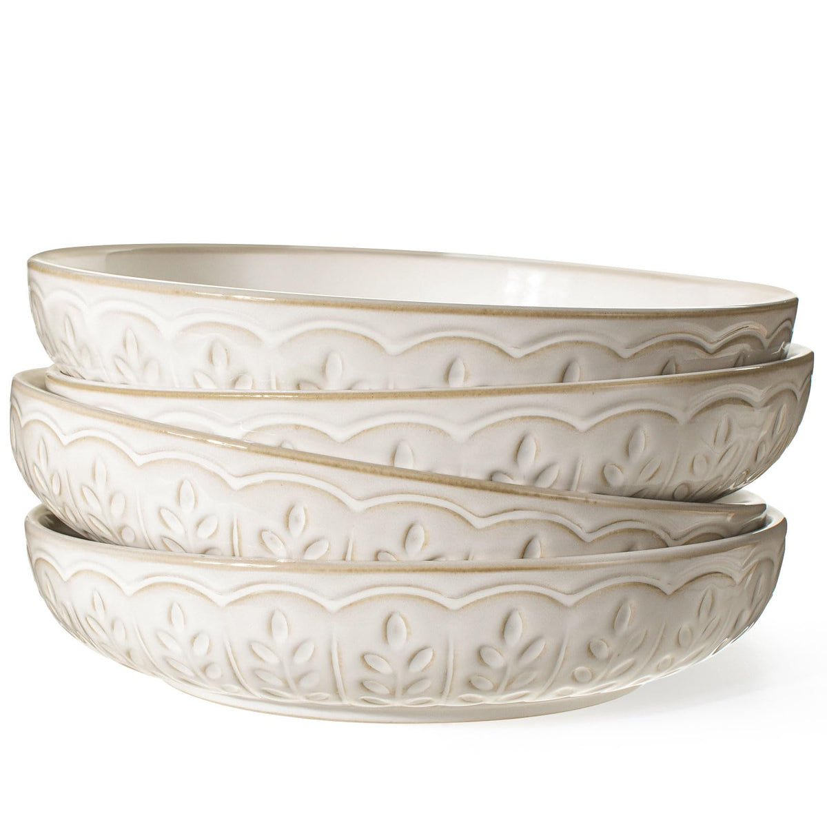Artena Pasta Bowls, 50oz Large Salad Serving Bowls, 9.75'' Plates Bowl Set of 4, Big White Ceramic Soup Bowl for Kitchen, Embossment Shallow Dinner Bowl, Microwave Dishwasher Safe, Damask Floral