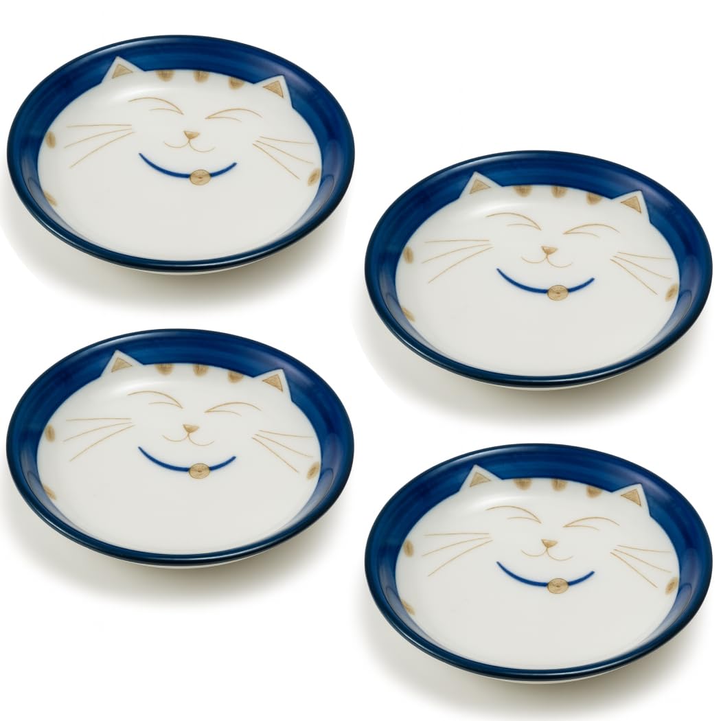 JapanBargain 2566, Set of 2 Japanese Porcelain Dipping Sauce Dishes for Appetizer Dessert Cake Snack with Maneki Neko Smiling Lucky Cat Pattern for Cat Lovers, Made in Japan, 4.75-inch, Blue