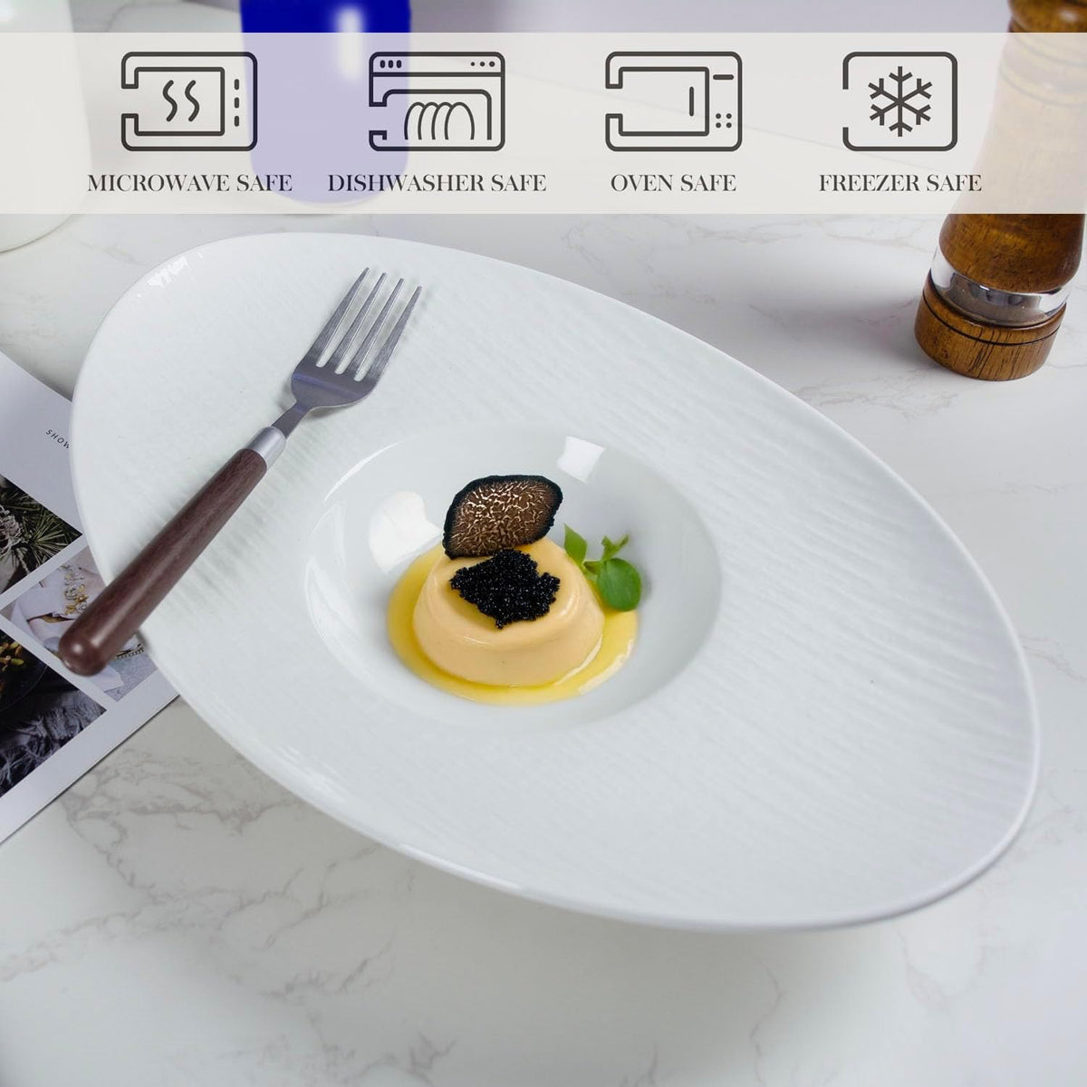 Soup Plates Fine Soup bowls Set of 4, 10.5 Inch Ceramics Oval Rimmed Small Mouth Pasta Plates, for high end restaurants and best choice for gourmets, Modern and stylish tableware