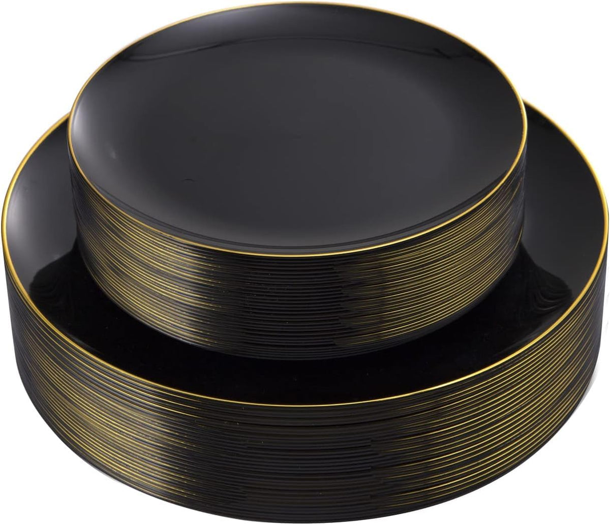 KIRE 100PCS White Plates with Gold Trim - Plastic Disposable Plates - Includes 50Pieces 10.25inch Dinner and 50Pieces 7.5inch Dessert/Salad Plastic Plate for Wedding Receptions/Party/Thanksgiving