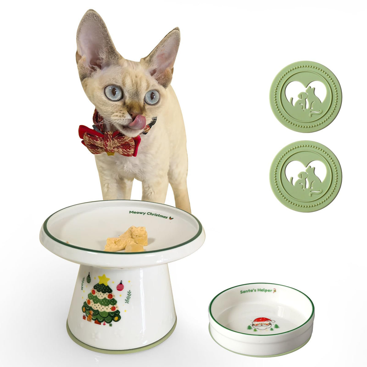 Cinf Ceramic Set of 2 Pet Raised Footed & Snack Bowl with Funny Christmas Design and Non-Slip Silicone Pads