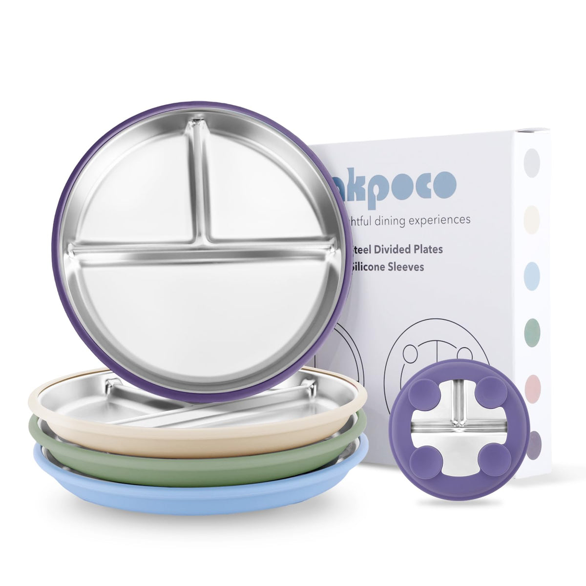 Bakpoco Stainless Steel Suction Plates for Toddlers, 8" Divided Kids Baby Plates with Removable Silicone Suction, Non Toxic Non Slip Portion Control Snack Dishes 3 Packs, Blue Gray Beige