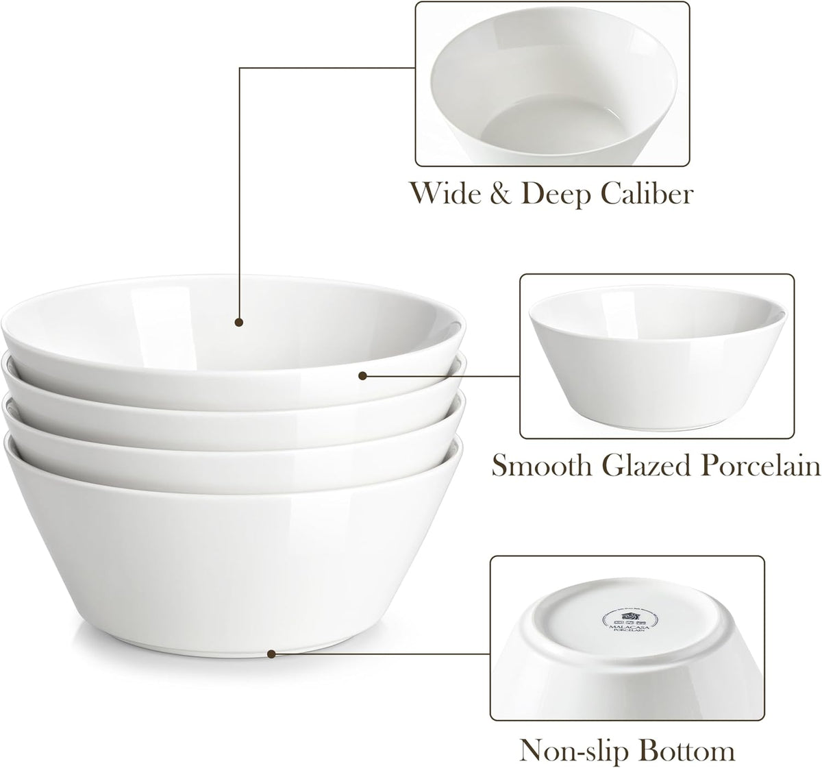 MALACASA 35 OZ Soup Bowls Set of 4, White Bowls Deep Cereal Ramen Bowl