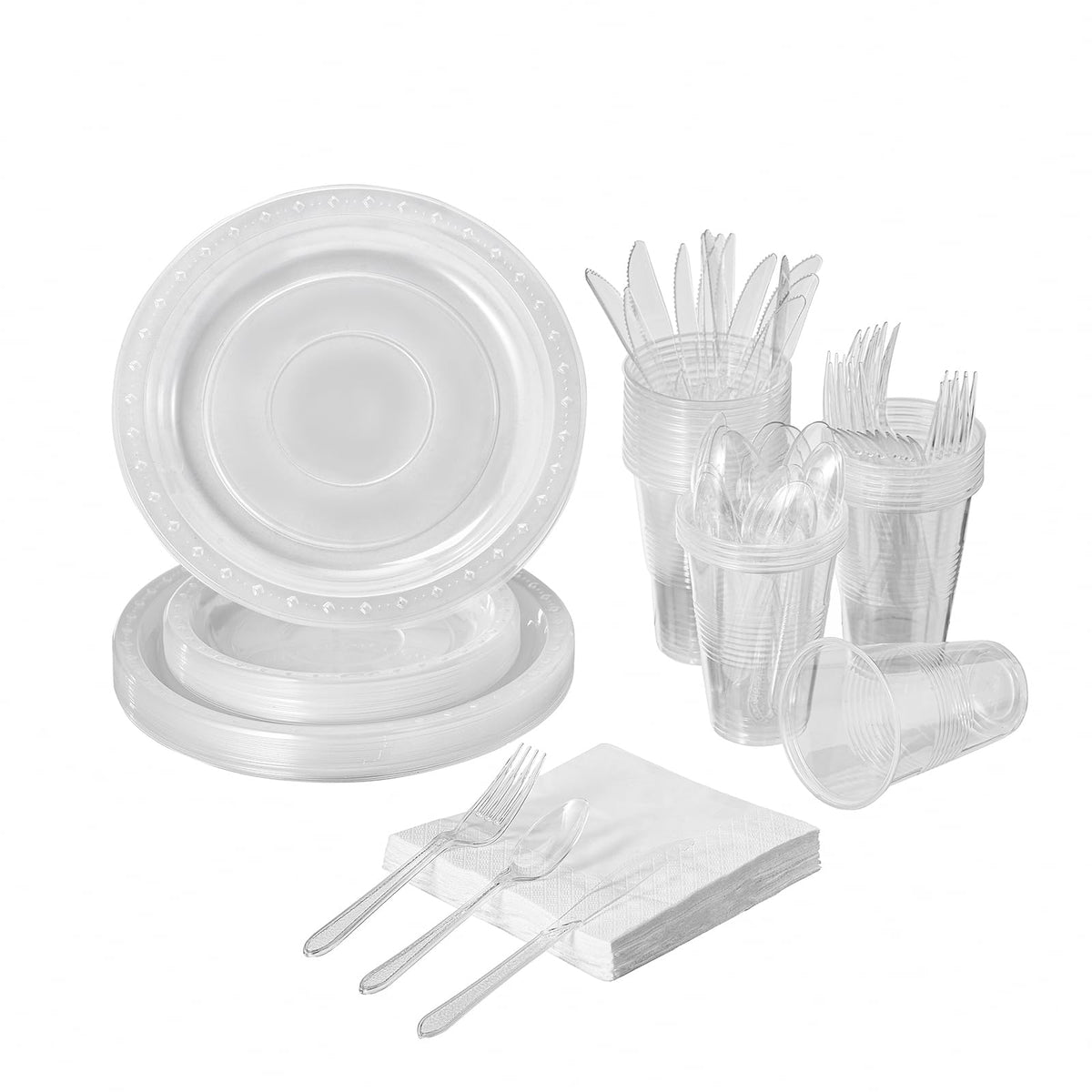 FULING 175 PCS Clear Party Supplies Disposable Dinnerware Set Plastic Plates and Paper Napkins Cups Silverware Serve 25 Sets for Birthday Bridal Shower Wedding Engagement Graduation Parties