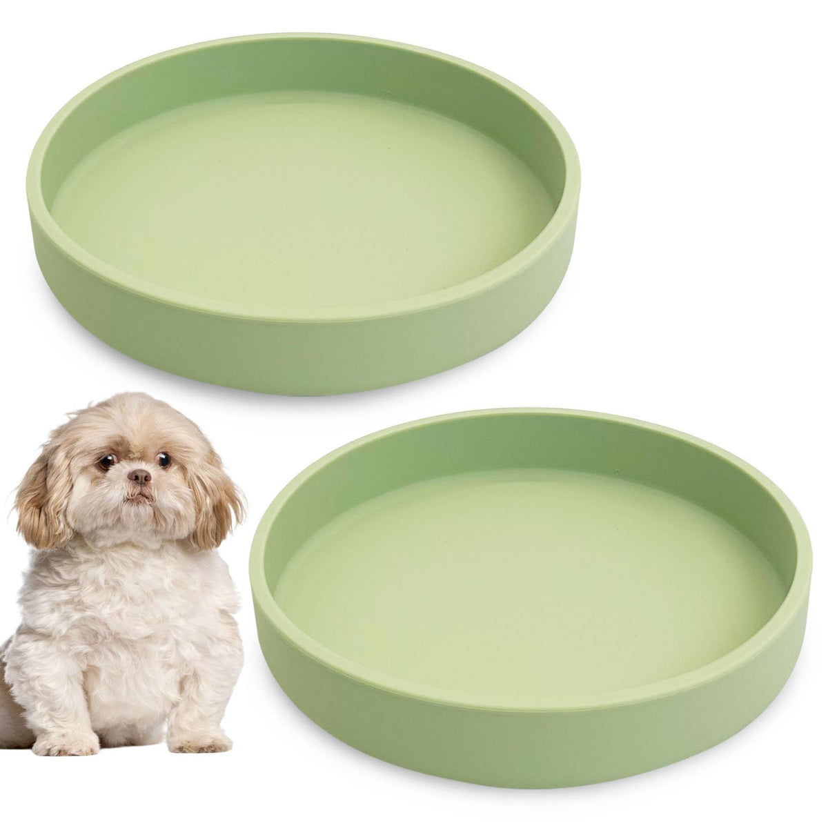 Silicone Cat Food Bowl Shallow Dishes 5.9in Wide Cats Bowls Set of 2 Kitty Plates Relief Whisker Fatigue Puppy Feeding Bowl for Dry Food and Wet Food Indoor (Round Green)