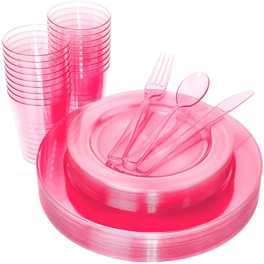 WDF 25 Guest Green Plastic Plates with Disposable Silverware&Green Cups-Neon Clear Plastic Dinnerware include 25 Dinner & Salad Plates,25 Forks, 25 Knives, 25 Spoons,25 Cups for Party