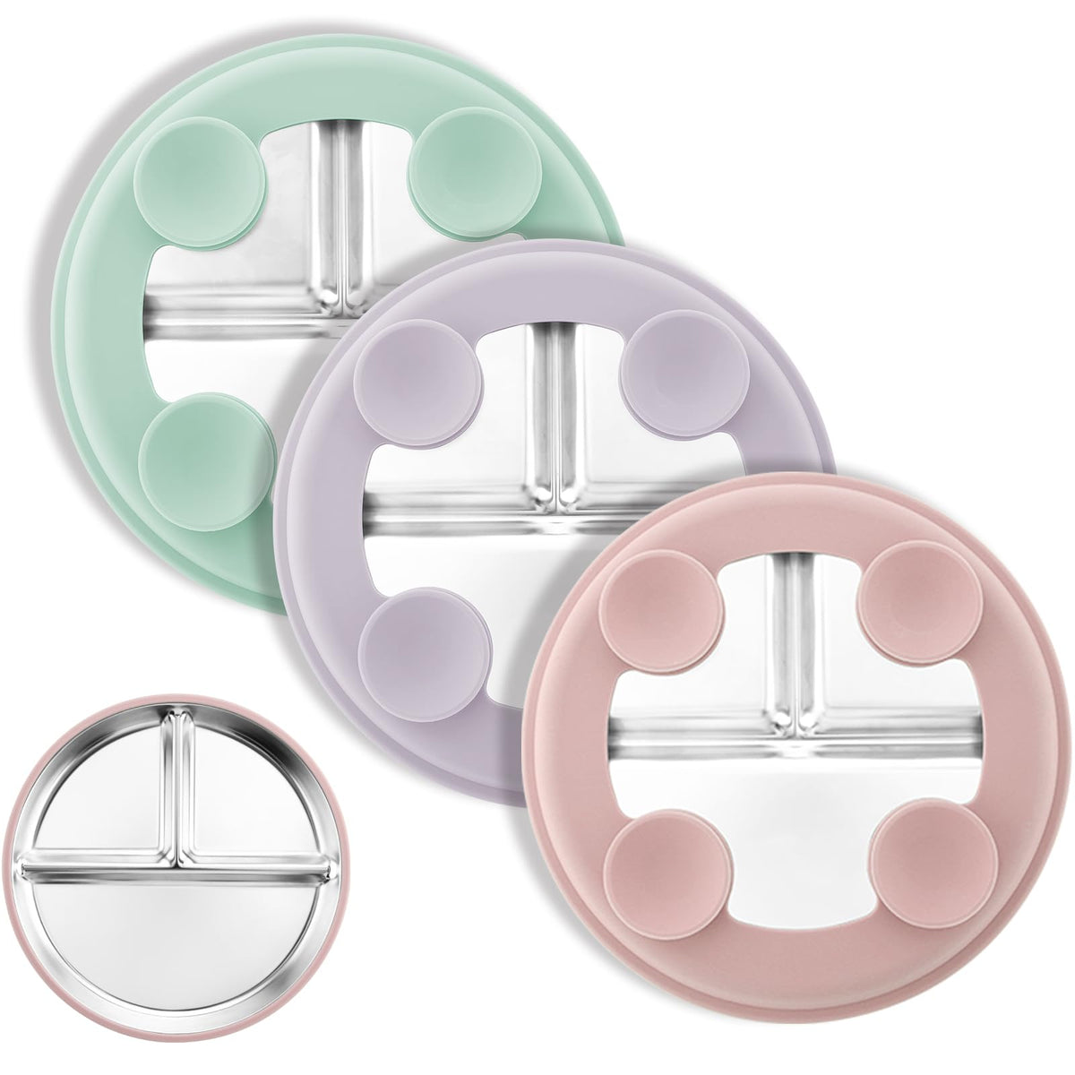 Bakpoco Stainless Steel Suction Plates for Toddlers, 8" Divided Kids Baby Plates with Removable Silicone Suction, Non Toxic Non Slip Portion Control Snack Dishes 3 Packs, Blue Gray Beige