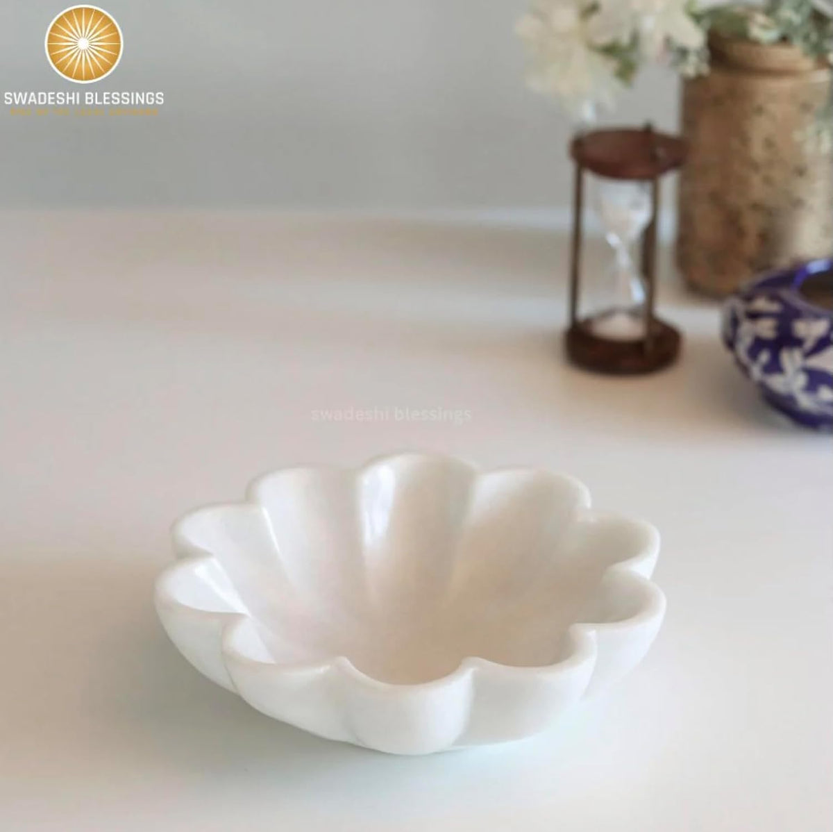 SWADESHI BLESSINGS HandCrafted Marble Scalloped Bowl for Home Decor, 7"