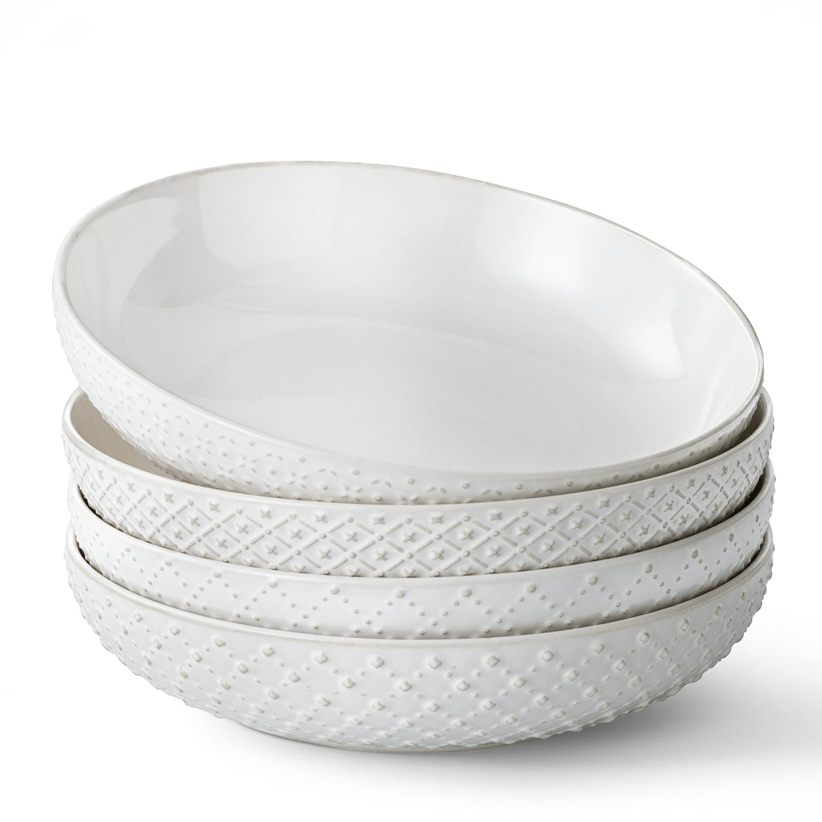 Y YHY Large Pasta Bowls, 45 oz Embossed Salad Bowls for Serving Soup, Noodle, Dessert, Dinner, Kitchen Deep Plates, 9.75" Porcelain Shallow Bowls, Soft White Dishes for House-warming Wedding Present