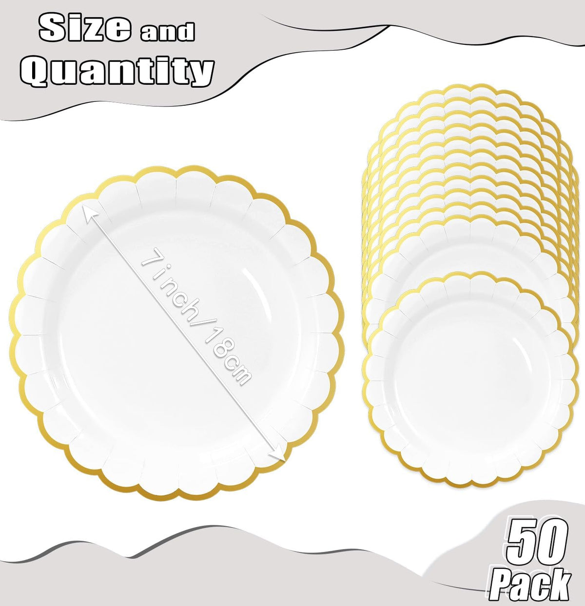 HEIPINIUYE 50 Pieces White Paper Plates with Gold Foil 7 Inch Disposable White Scalloped Dinner Plates for Wedding Baby Shower Birthday Party Dessert Plate