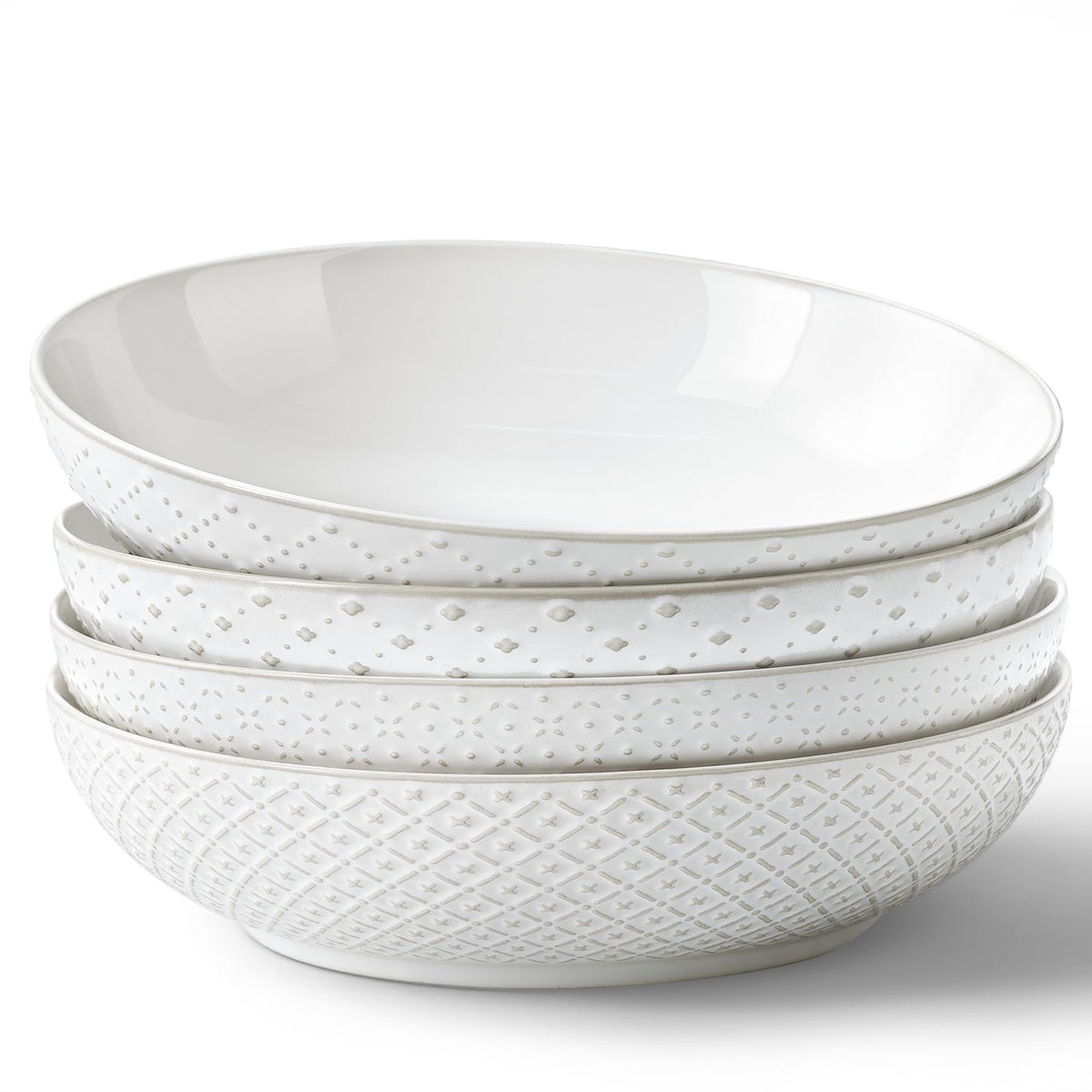 Y YHY Large Pasta Bowls, 45 oz Embossed Salad Bowls for Serving Soup, Noodle, Dessert, Dinner, Kitchen Deep Plates, 9.75" Porcelain Shallow Bowls, Soft White Dishes for House-warming Wedding Present