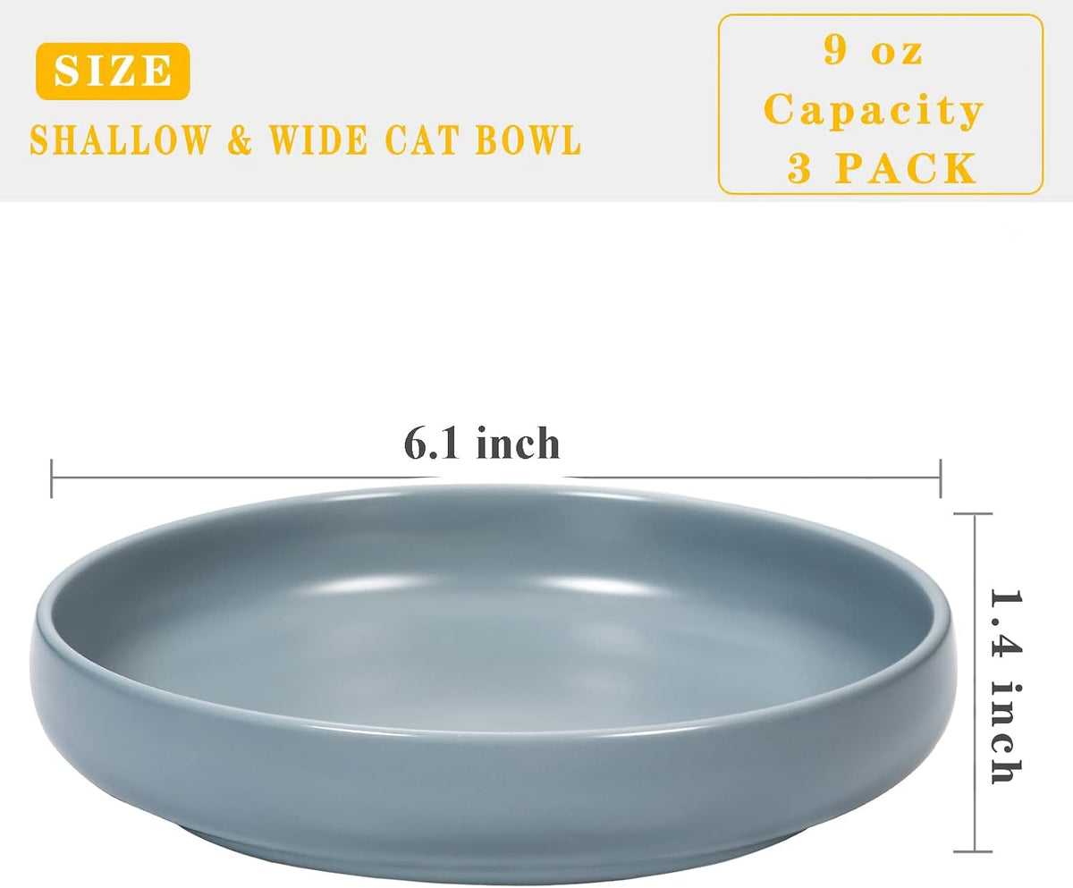 Ceramic Cat Bowls,Shallow Cat Dishes for Food and Water, 6 inch Matte Finish Wide Cat Food Bowl,Whisker Fatigue Free Pet Puppy Kitten Bowl Set of 3,Dishwasher Safe