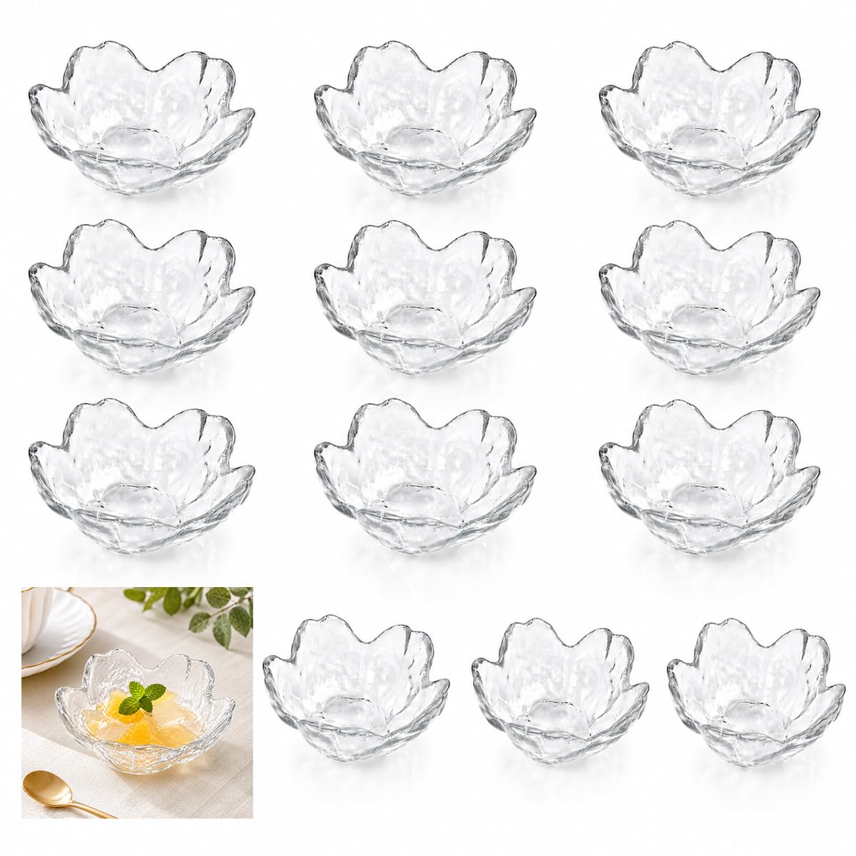 12 Clear Glass Sakura Dipping Bowls, 3.4-Inch Soy Sauce Dishes