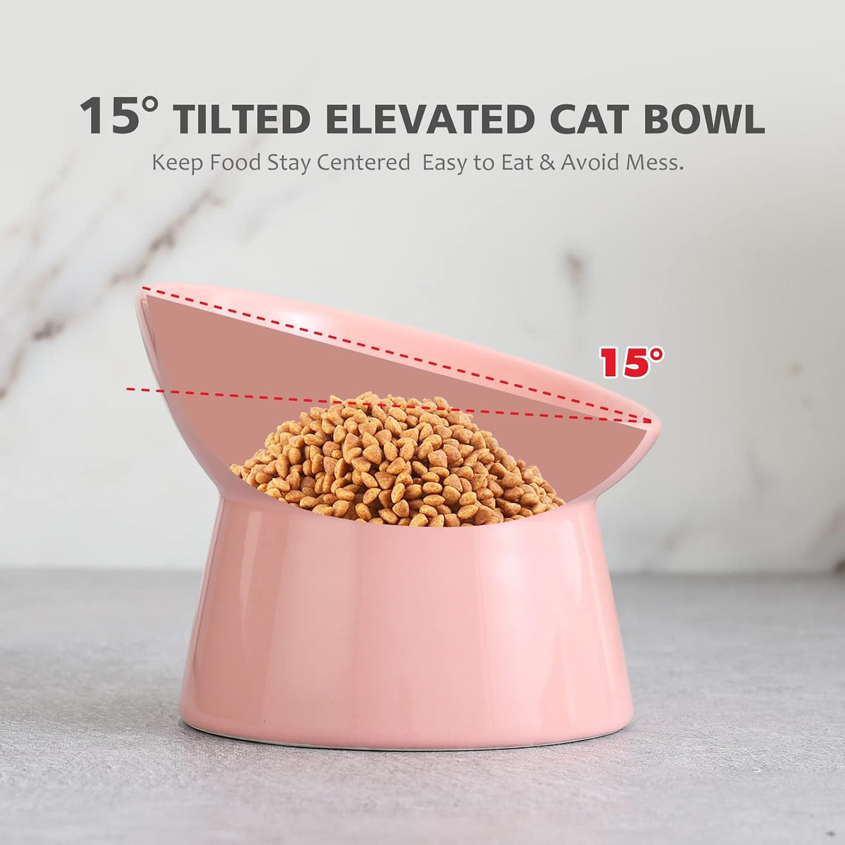 Raised Ceramic Cat Food Bowl - Elevated Base, Tilted, Anti Vomit - Whisker Friendly Shallow Wide Feeding Bowl - Microwave and Dishwasher Safe