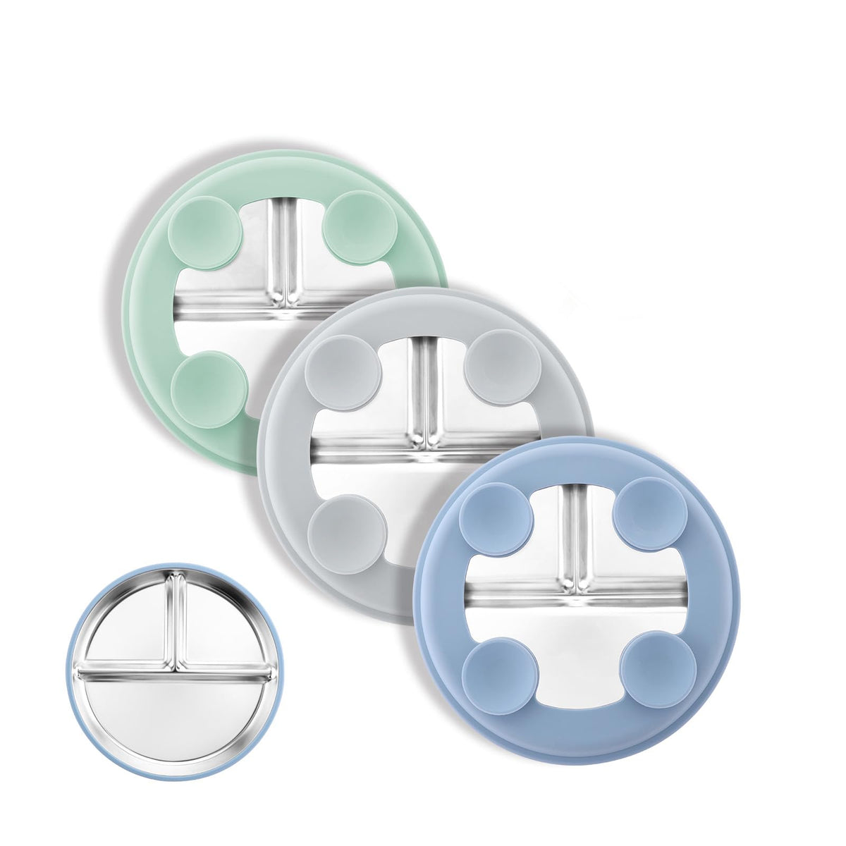 Bakpoco Stainless Steel Suction Plates for Toddlers, 8" Divided Kids Baby Plates with Removable Silicone Suction, Non Toxic Non Slip Portion Control Snack Dishes 3 Packs, Blue Gray Beige