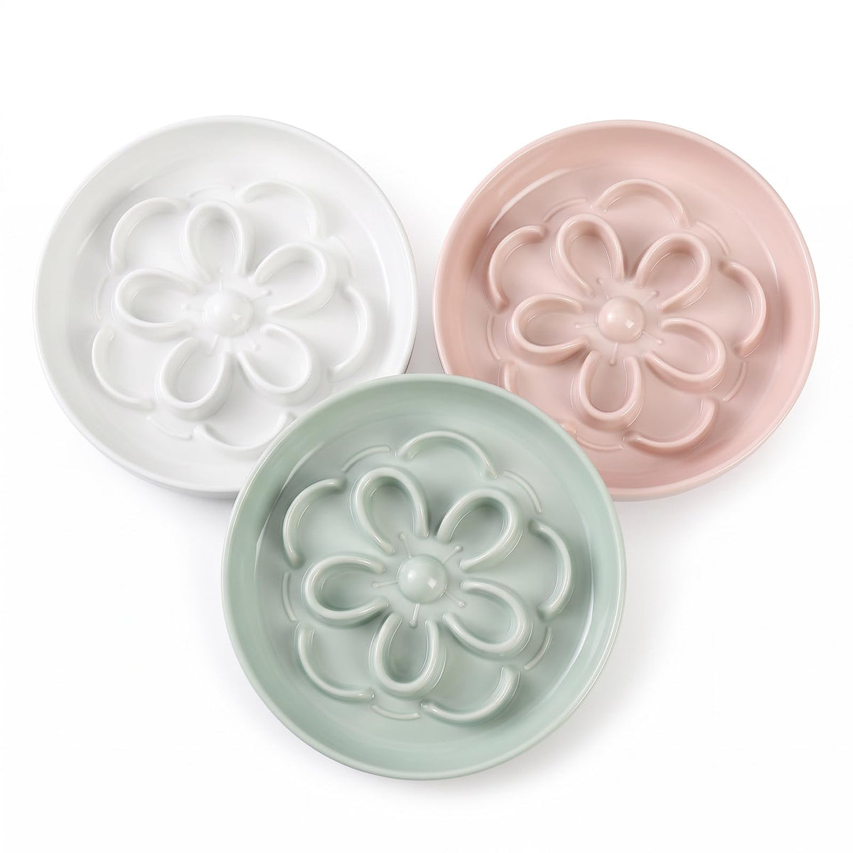 Melamine Cat Slow Feeder Bowl Set - Floral Maze Food Dishes for Cats and Small Dogs - Shallow Wide Plates for Dry & Wet Food - 3 Pack - White & Green & Blue