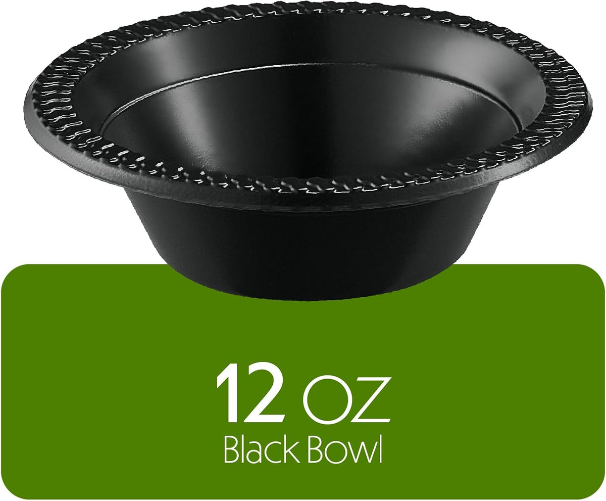 PLASTICPRO 100 PCS Black Plastic Bowls Light Weight 12 oz Plastic Soup Bowls Black Salad Plates Disposable for Party and Wedding