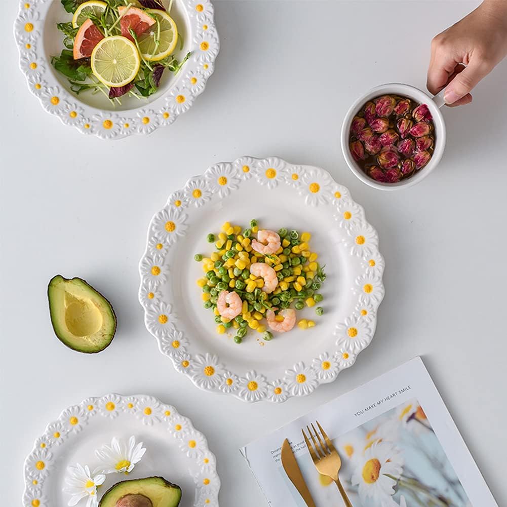 WAYUTO Ceramic Daisy Flat Plate Embossed Dessert Dish Small Daisy Edge Relief Dinnerware Steak Plate Irregular Dining Dish for Soup Crockery Kitchen Decoration Tableware Household Wedding