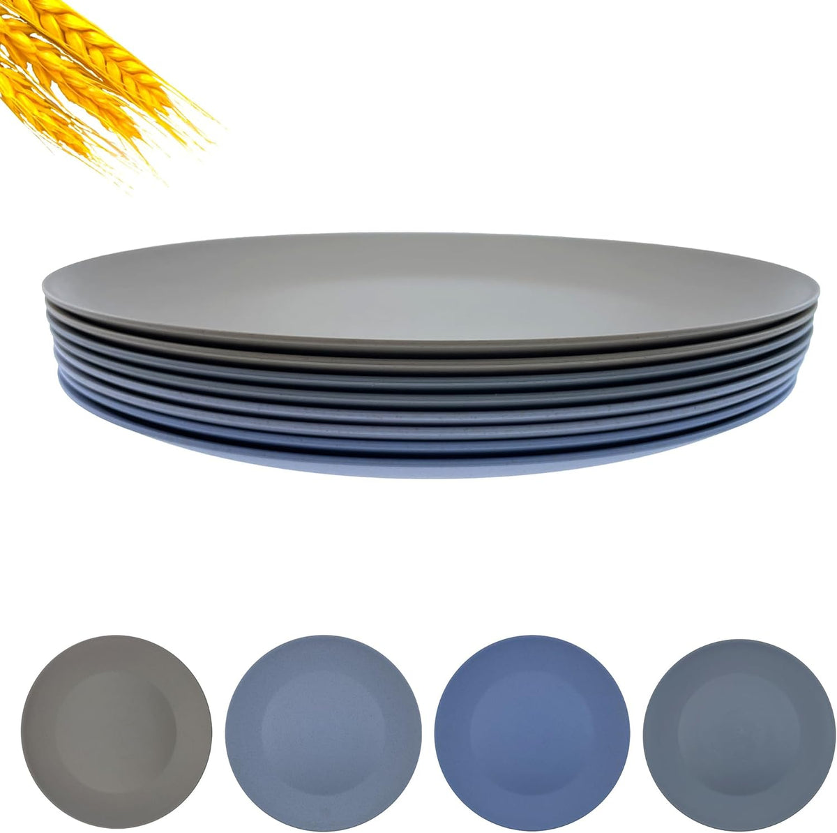 Wheat Straw Plate set 8, 10inch Reusable Plastic Plates Grey Stone