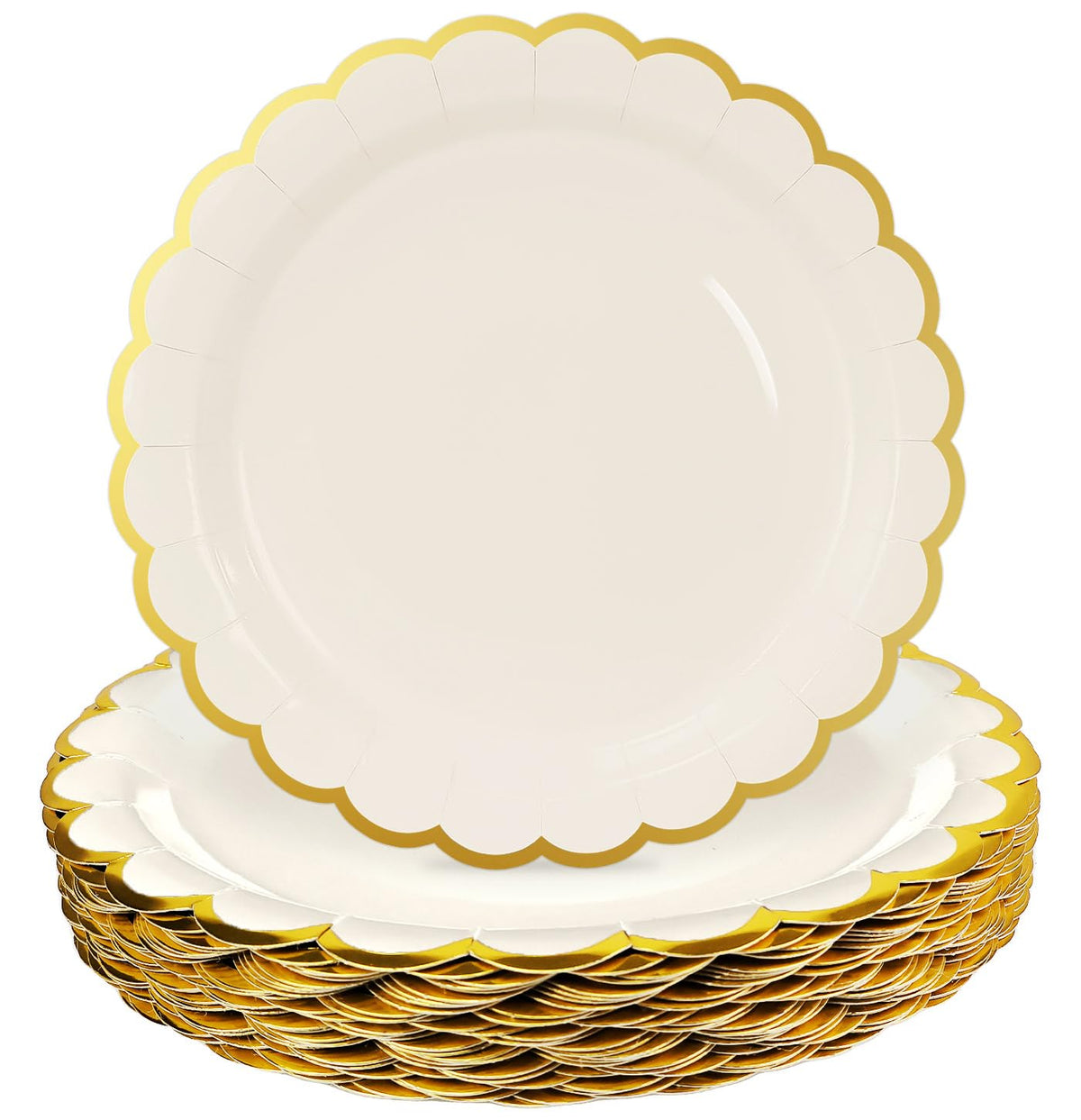 HEIPINIUYE 50 Pieces White Paper Plates with Gold Foil 7 Inch Disposable White Scalloped Dinner Plates for Wedding Baby Shower Birthday Party Dessert Plate