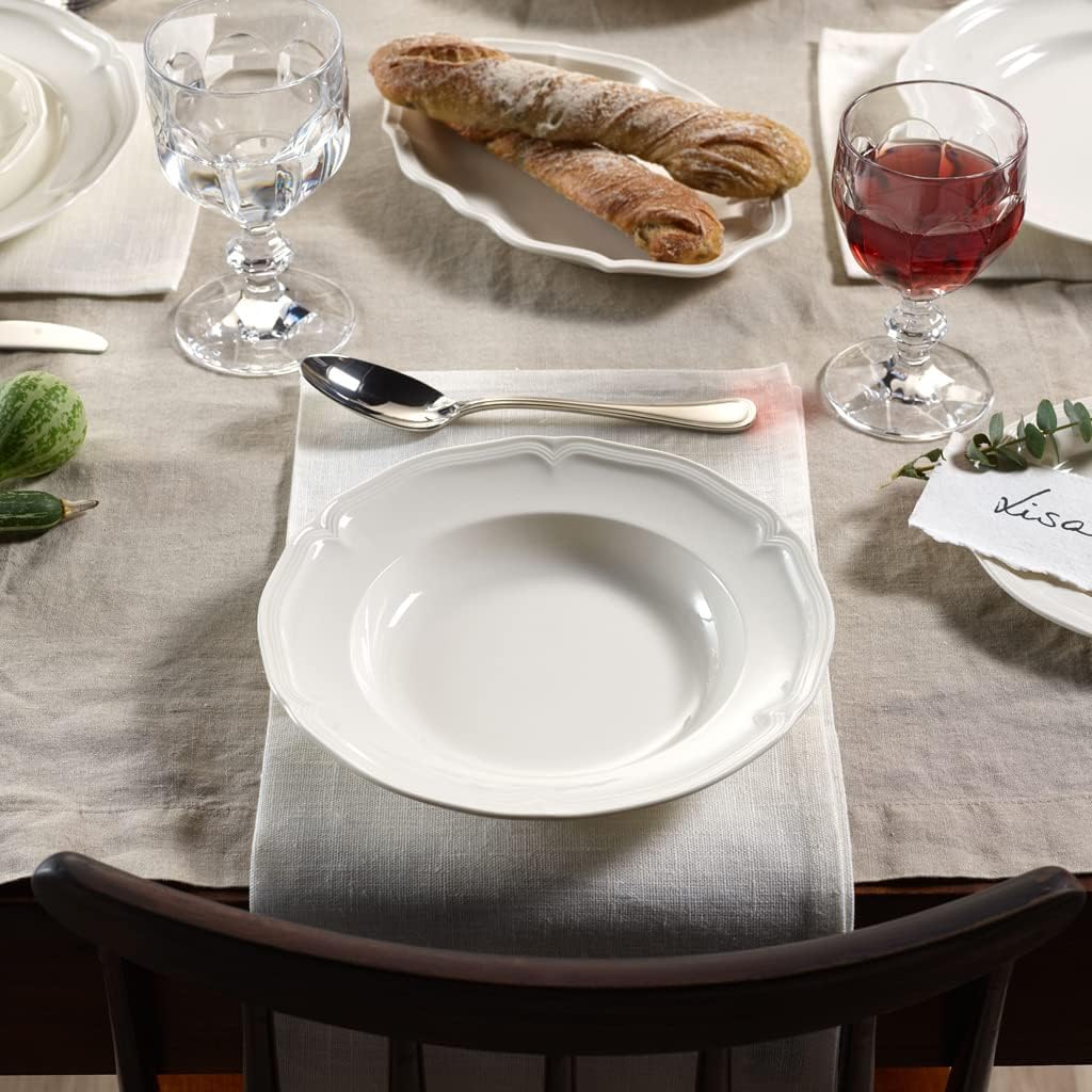 Villeroy & Boch Manoir Collection Pasta Bowl/Soup Plate, Premium Porcelain, Made in Germany, Dishwasher and Microwave Safe, Wide Rim, 9 in Diameter, 10 oz Capacity, Rich, Creamy White
