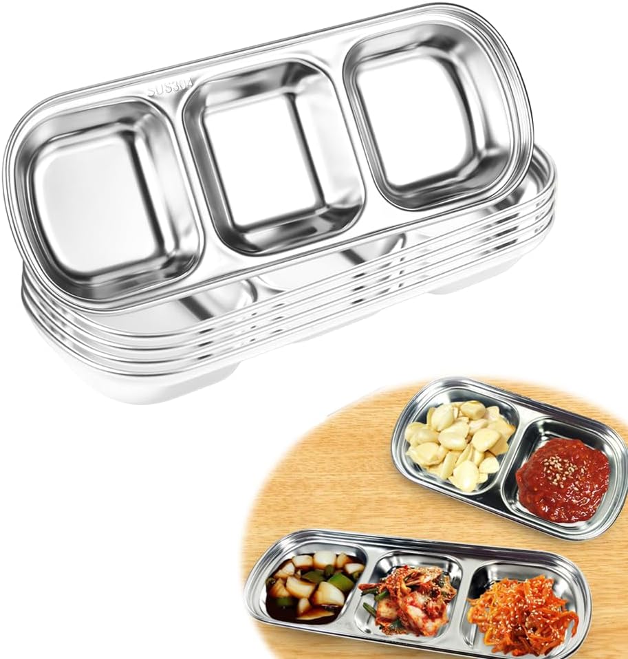 XIYUAN 3 Piece Stainless Steel Sauce Tray, Divided DippingTray, 3 Compartment Appetizer Serving Tray for Sauce, Ketchup, Dressing, Silver, 8 X 3 Inches (3 Compartment)