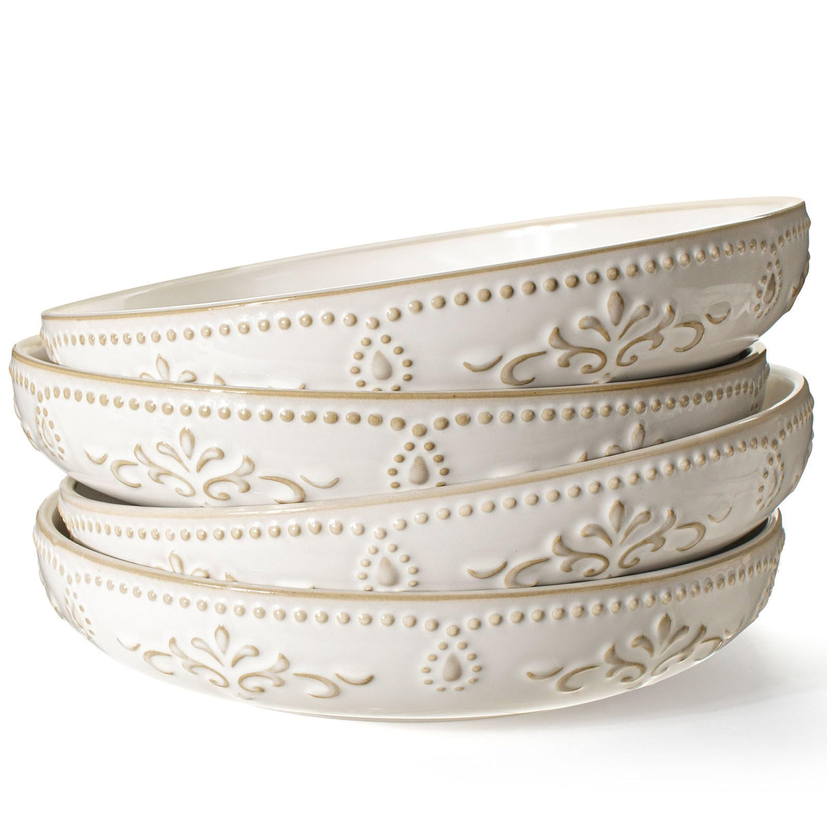Artena Pasta Bowls, 50oz Large Salad Serving Bowls, 9.75'' Plates Bowl Set of 4, Big White Ceramic Soup Bowl for Kitchen, Embossment Shallow Dinner Bowl, Microwave Dishwasher Safe, Damask Floral